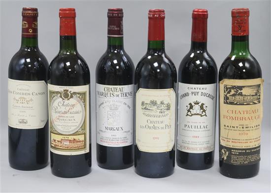 Six assorted bottles of red wine including Chateau Marquis de Terme, 1993, Chateau Frombauge, 1970 and Chateau Rauzan Gassies,